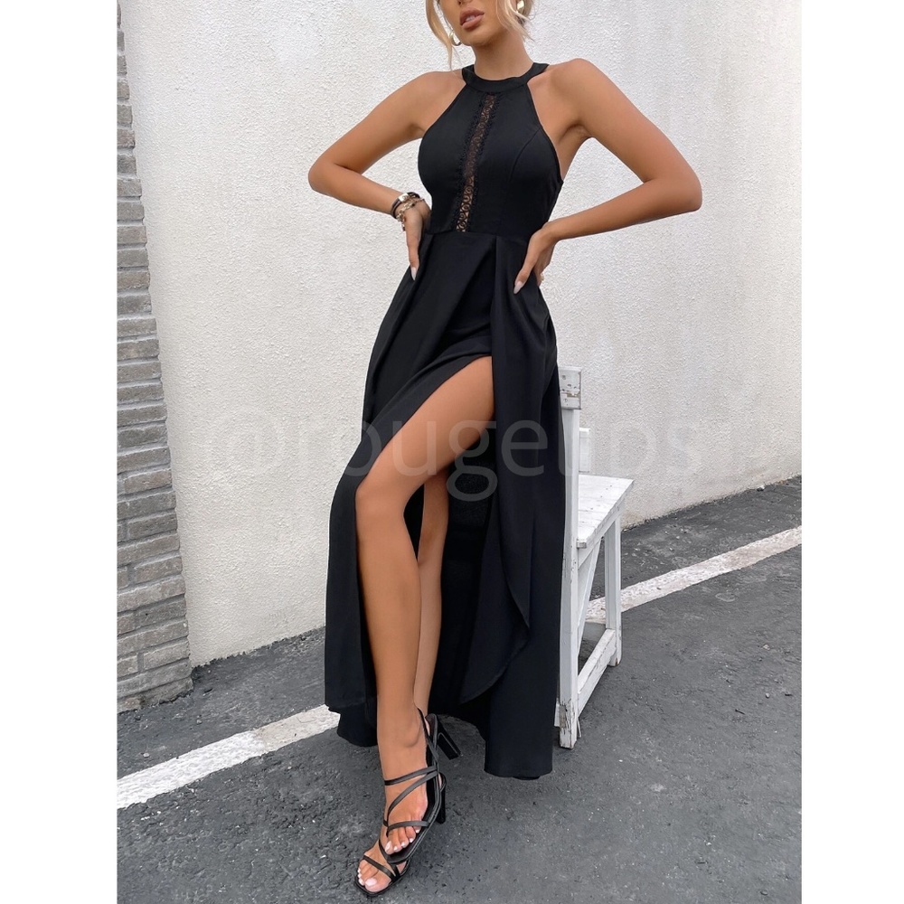 Black Elegant Maxi Dress Lace Halter Neckline Zip Back Flared Long Leg Slit - Picture 3 of 8